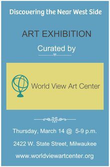 A blue and yellow poster with the words " world view art center " on it.
